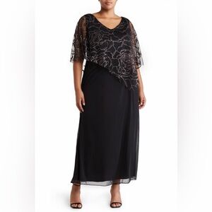 SL Fashions (SLNY) Black Evening Gown with Sparkly Floral Capelet, Size 16W